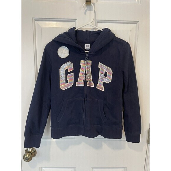 GAP Zip Up Hooded Sweatshirt Navy Blue Sparkle Sequin Logo Girls Nwt Size 12 XL - Picture 10 of 10